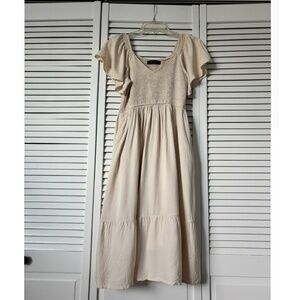 Beige Smocked Midi Dress